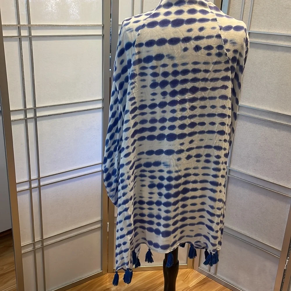 MUDPIE Swim Cover or Kimono Blue and White OS with tassels - Picture 3 of 5